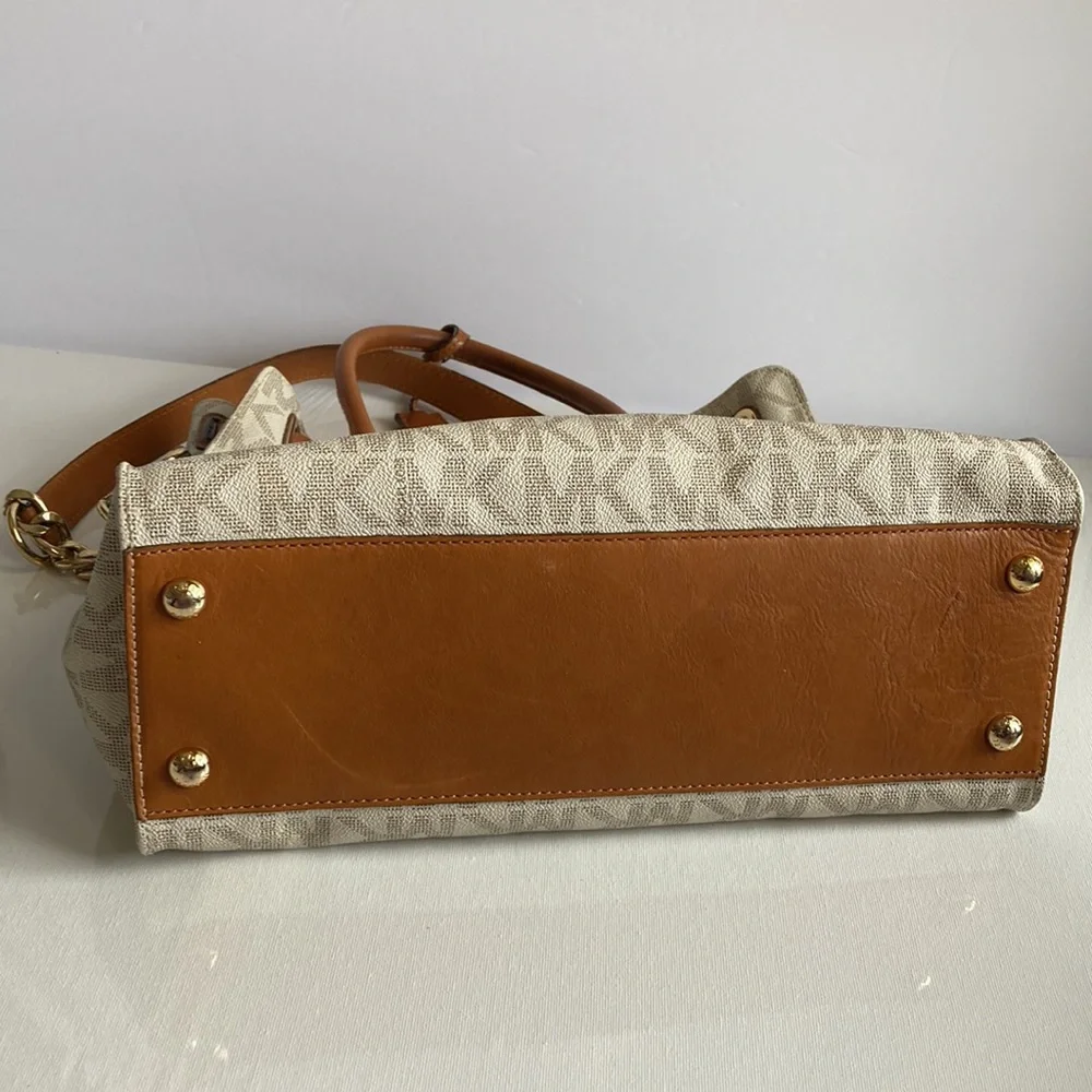 Michael Kors Beige Monogram Satchel with Tan Leather Trim